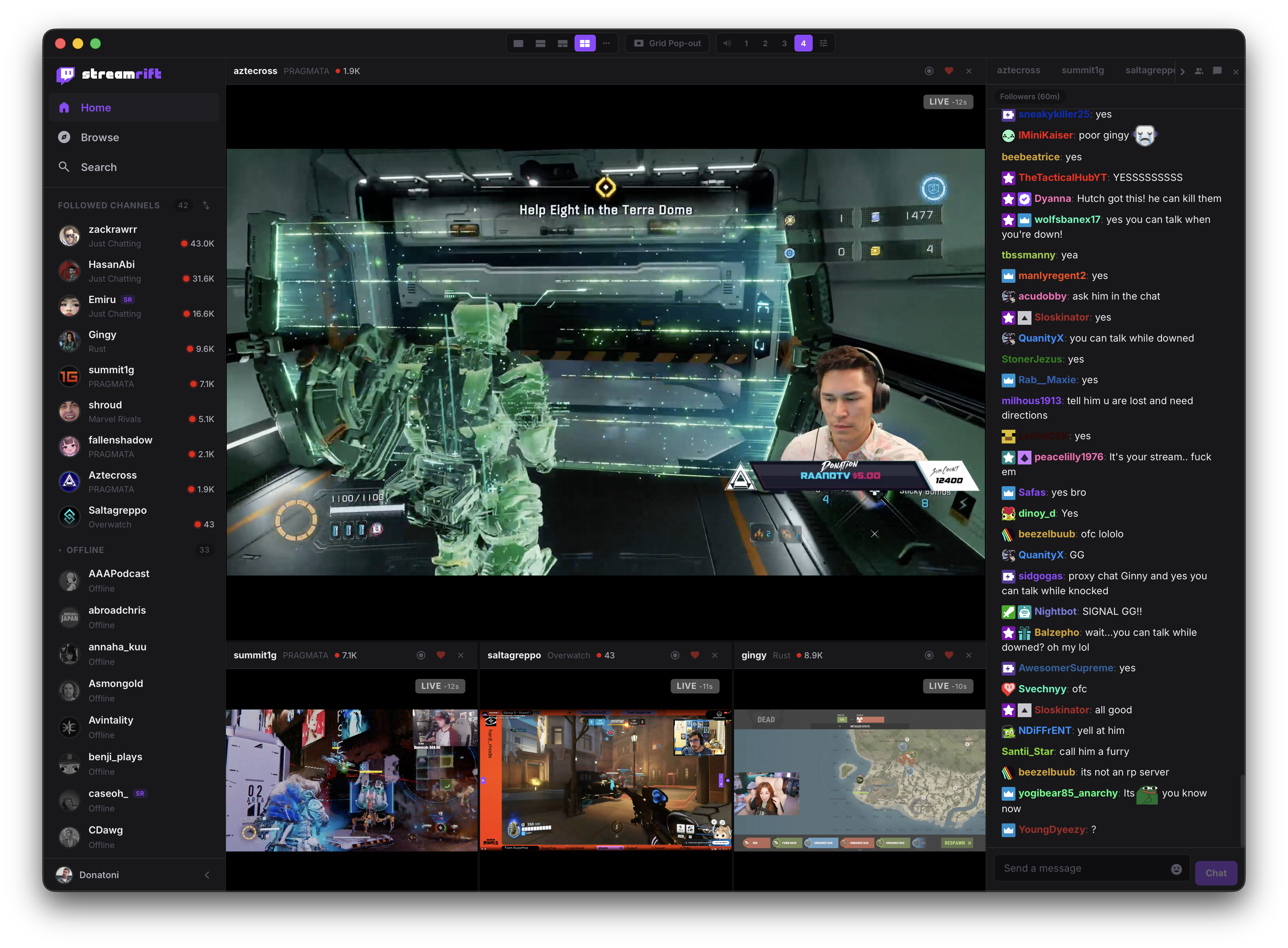 Quad stream layout with live chat docked right